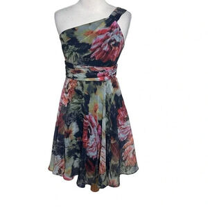 Muse for‎ Boston Proper 2 black + multicolor floral one shoulder chiffon dress